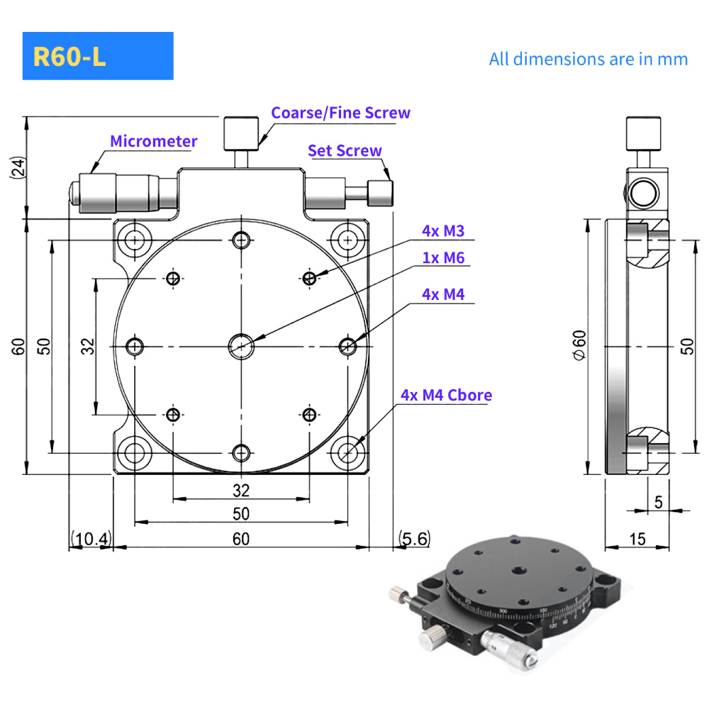 Dia 60mm Manual Rotary Stages, Micrometer Head, High Precision Rotation Platform for Optical Experiments