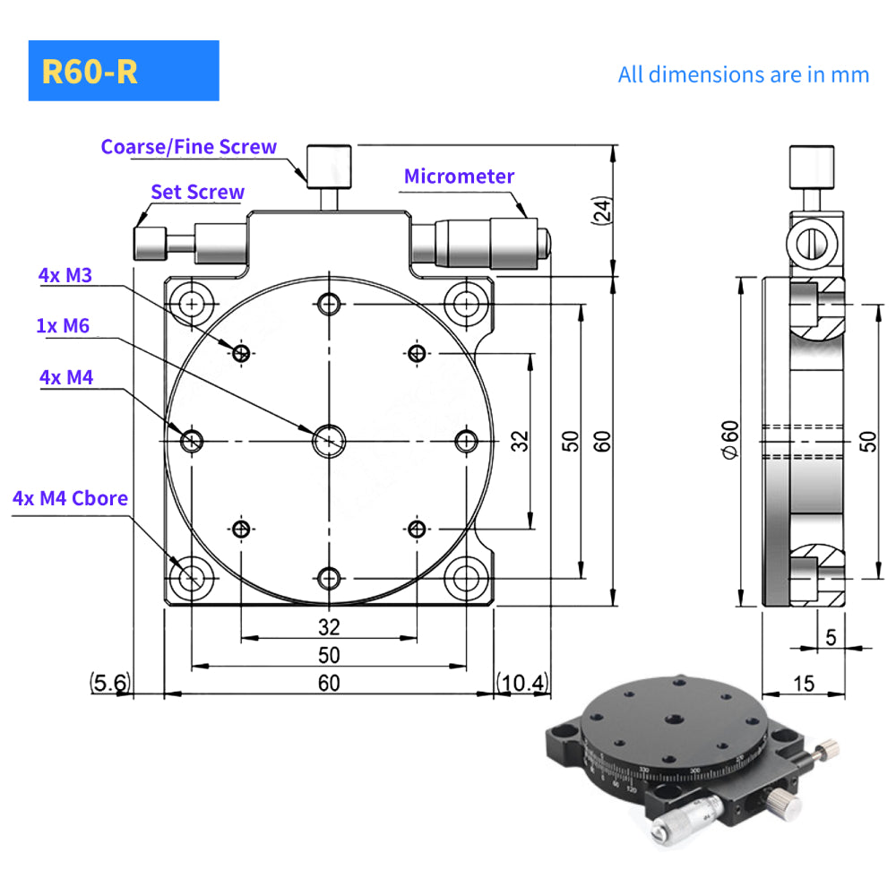 Dia 60mm Manual Rotary Stages, Micrometer Head, High Precision Rotation Platform for Optical Experiments