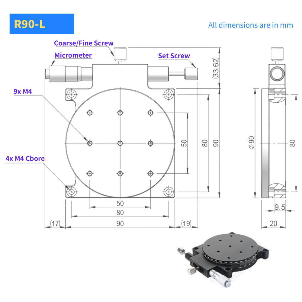 90mm Manual Rotary Indexing Stage, Micrometer-Driven, Coarse and Fine Adjustment Manual Rotation Stage