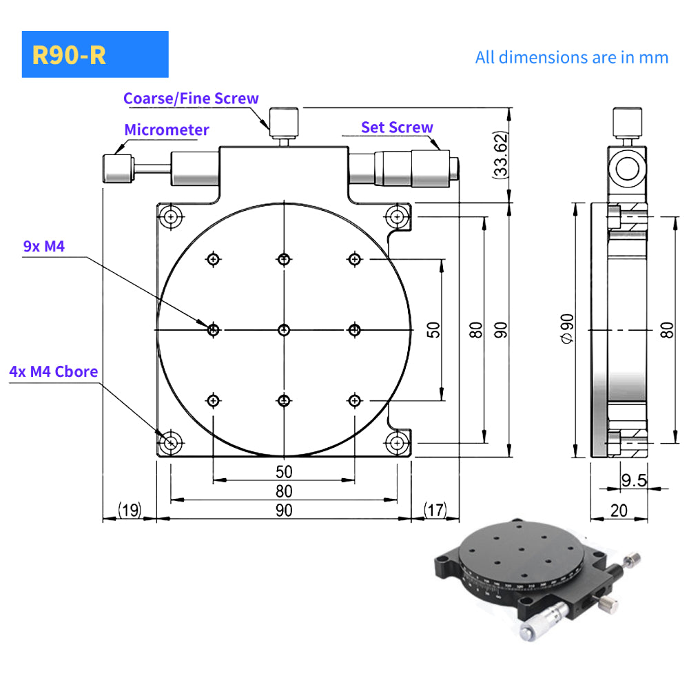 Dia 90mm Manual Rotary Stage, Micrometer Head, High Precision Rotation Platform for Optical Experiments