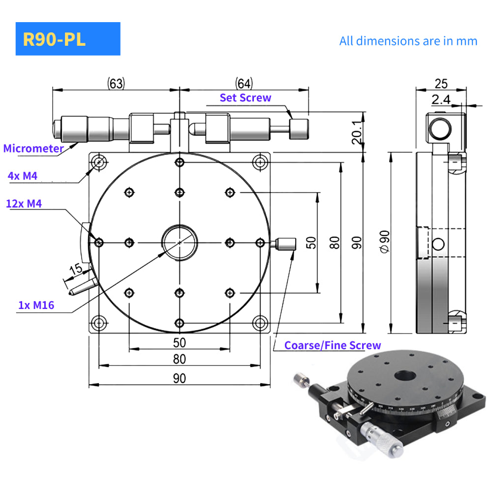 90mm Manual Rotary Indexing Stage, Micrometer-Driven, Coarse and Fine Adjustment Manual Rotation Stage