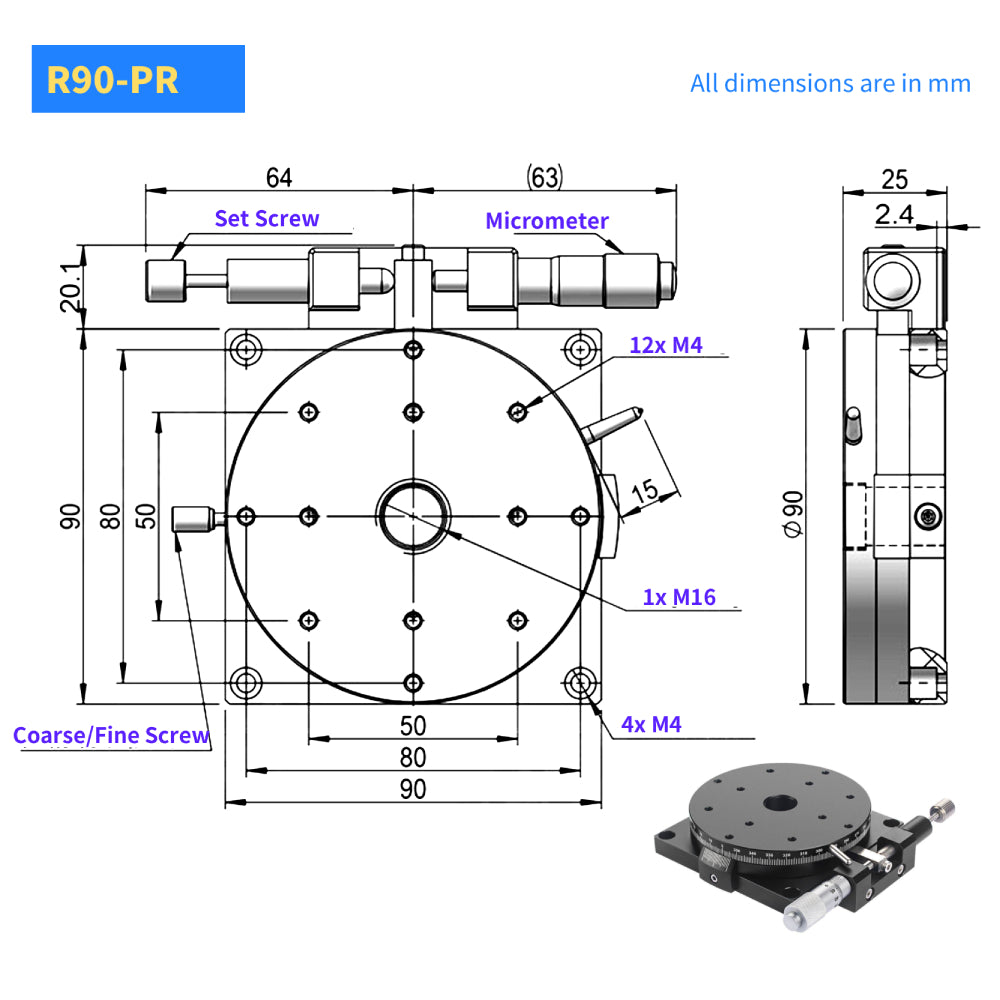 90mm Manual Rotary Indexing Stage, Micrometer-Driven, Coarse and Fine Adjustment Manual Rotation Stage